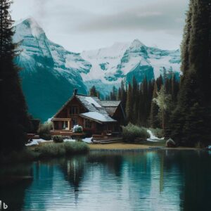 "A cozy cabin nestled by a tranquil lake surrounded by snow-capped mountains."Bing Image Creator