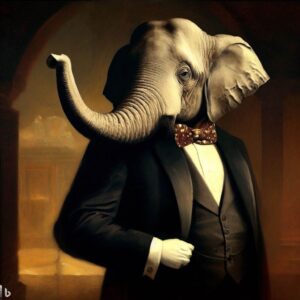 a renaissance painting of an elephant in a tuxedo "Bing Image Creator|1024 × 1024 jpg