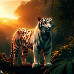 "A majestic white tiger standing proudly in a lush jungle at sunset."Bing Image Creator