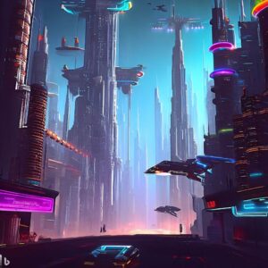 "A futuristic cityscape with towering skyscrapers, flying cars, and neon lights."Bing Image Creator